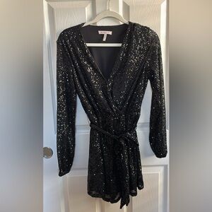 BCBG Black Sequined Faux Wrap Long-Sleeved Shorts Romper - Size XS*